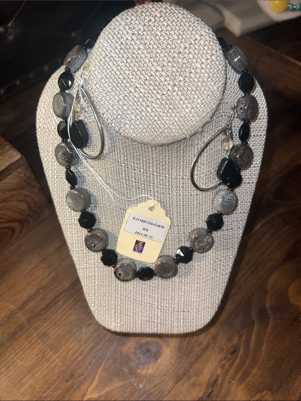 Boho, earthy, western Black and Gray Beaded Necklace and Earring Set